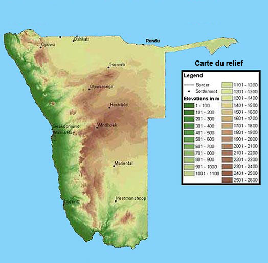 Carte topographique, relief Namibie