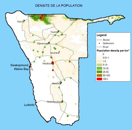 Carte densité de la population de Namibie