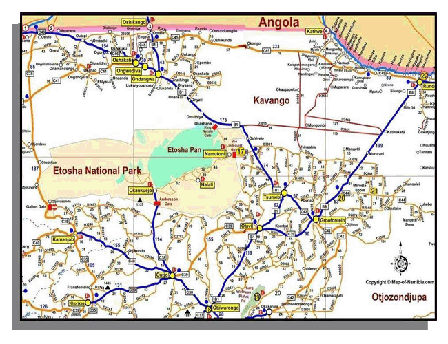 Map of campsites in the Kavango namibia 