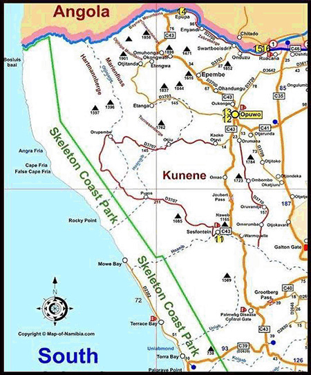 carte des campings du kunene en namibie